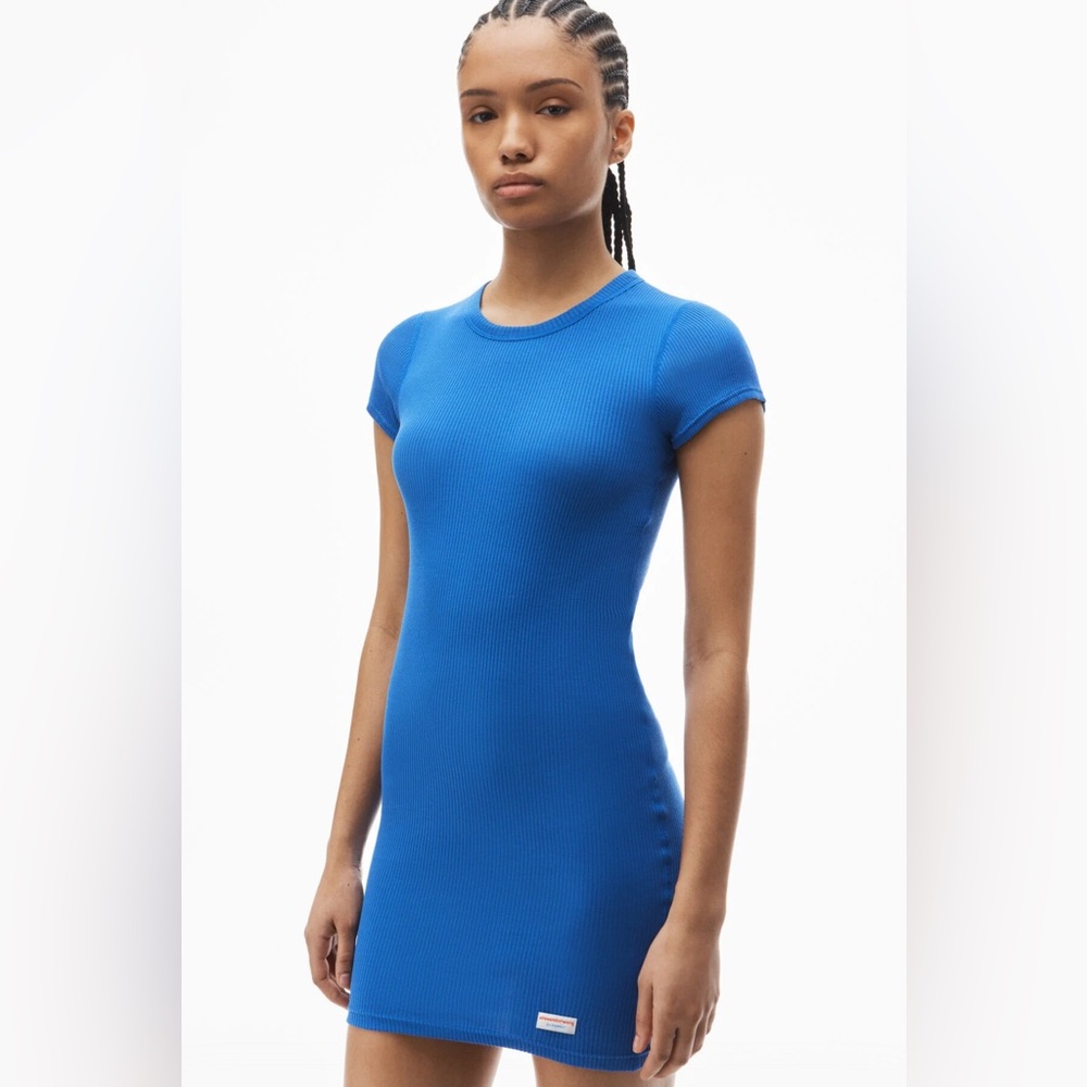 Alexander Wang Blue Ribbed Short Sleeve Bodycon Dress